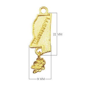18K Gold Overlay Over Copper Mississippi state map charm with engraved name and flower dangle, handcrafted jewelry component made in India
