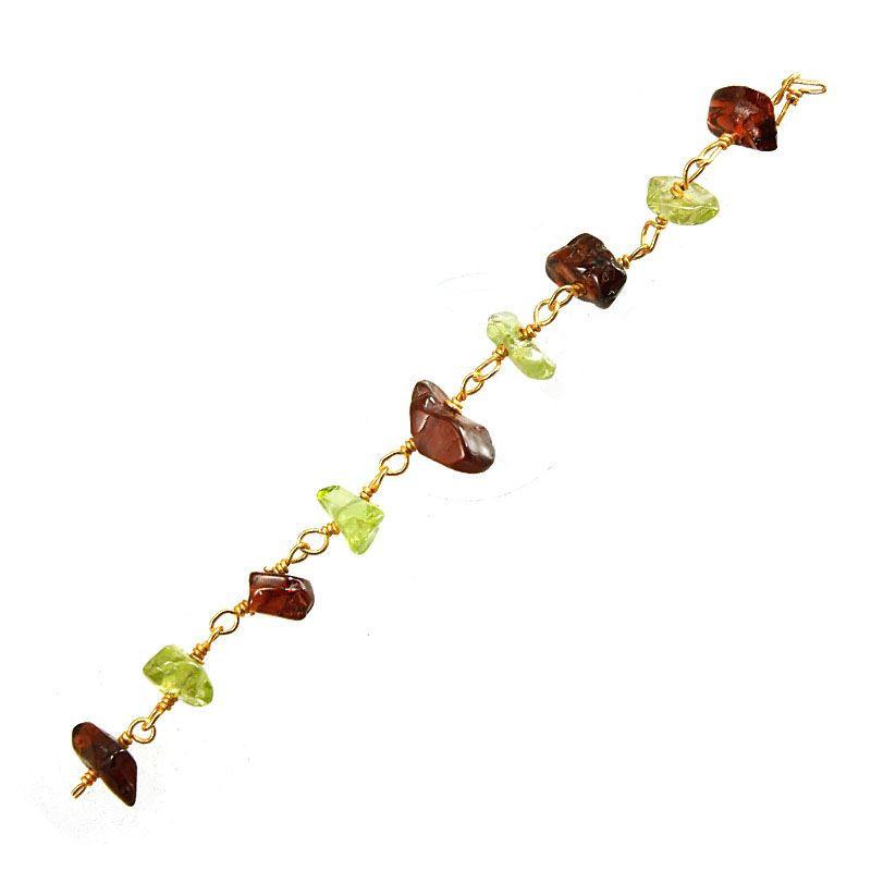 18K Gold Overlay Over Copper mixed Red Garnet Quartz and Peridot Quartz chip chain with organic stone shapes designed for wholesale jewelry manufacturing applications