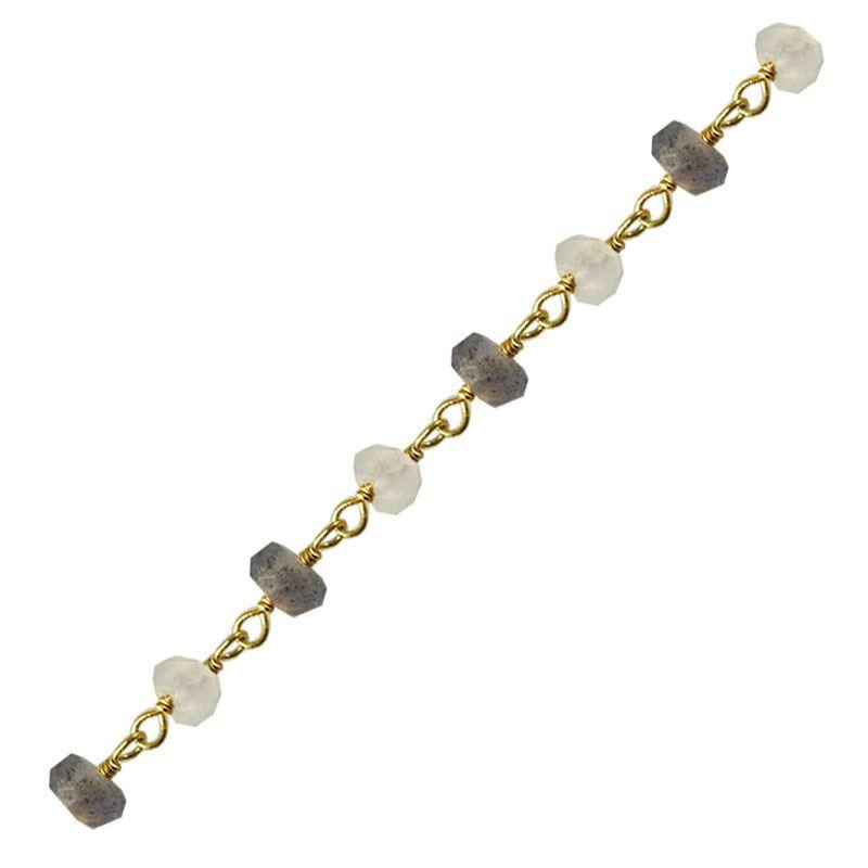 18K Gold Overlay Over Copper mixed stone chain with Rainbow Moonstone and Labradorite arranged for bulk jewelry manufacturing and commercial production use