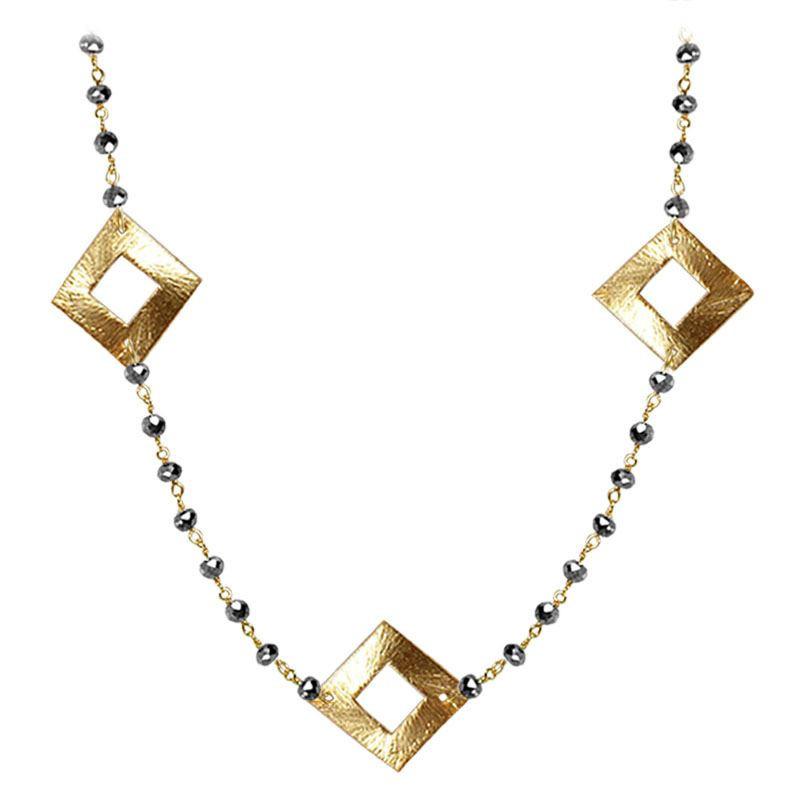 Pyrite beaded chain necklace with geometric square motif accents and polished 18K Gold Overlay Over Copper designed for wholesale jewelry supply