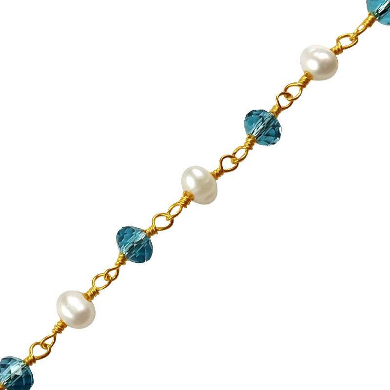 18K Gold Overlay Over Copper beading extender chain with Blue Topaz Quartz and Mabe Pearl accents arranged along polished links for wholesale jewelry manufacturing use
