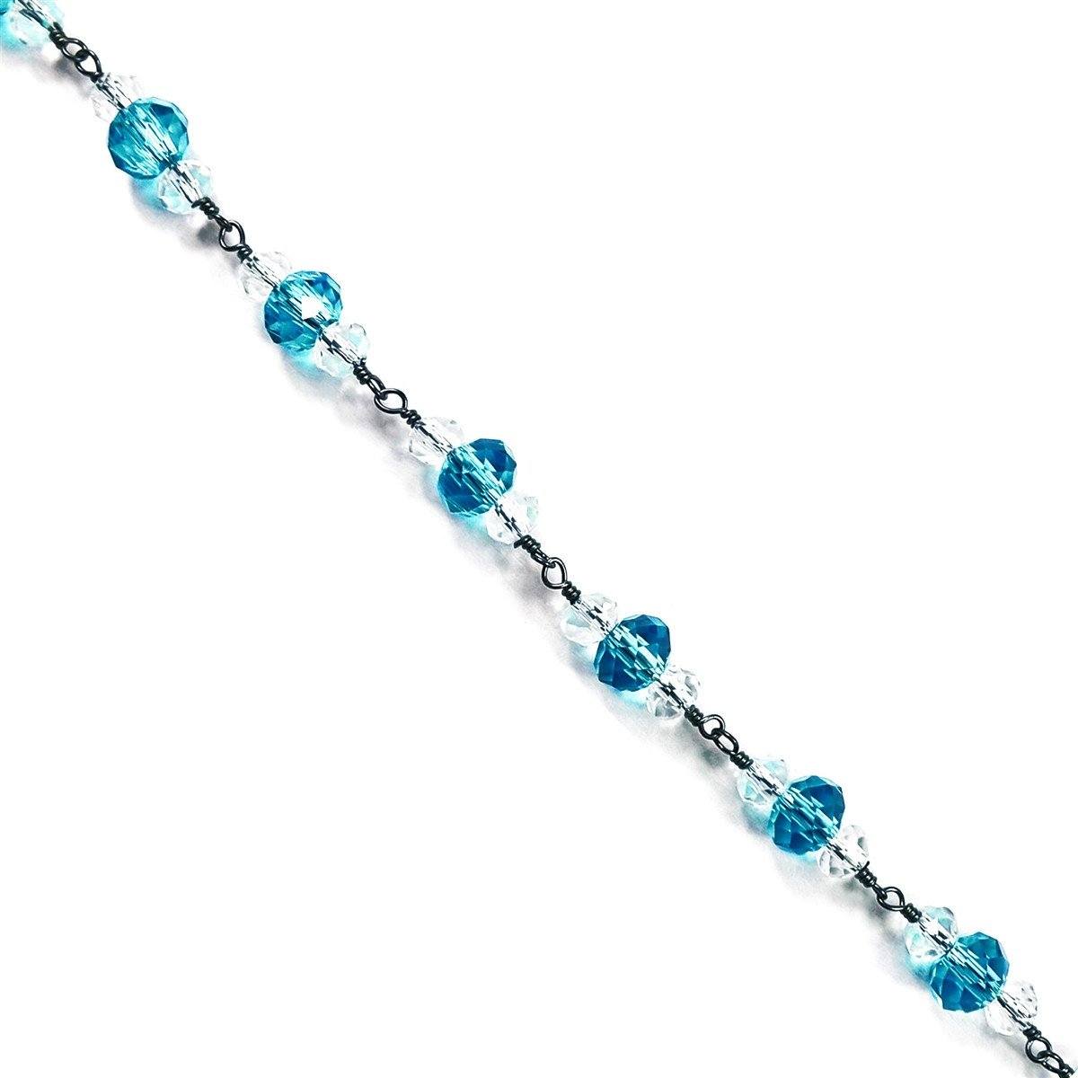Beaded 18K Gold Overlay Over Copper jewelry chain with Blue Topaz Crystal and clear crystal accents, designed for wholesale jewelry manufacturing and bulk production use