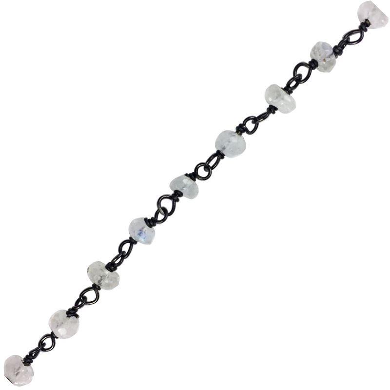 Oval link chain made with Rhodium Overlay Over Copper featuring Rainbow Moonstone bead accents, polished dark finish, and durable construction sold per foot for wholesale jewelry manufacturing