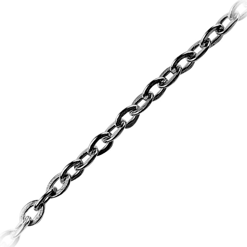 Fine oval link chain made with Black Rhodium Overlay Over Copper featuring polished dark finish, extremely slender oval links, and durable construction sold per foot for wholesale jewelry manufacturing