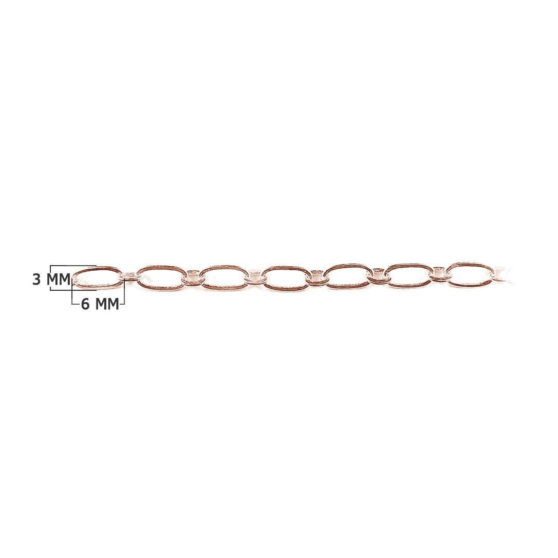 Rose Gold Overlay slim elongated link chain handcrafted in India, sold per foot for wholesale jewelry making and lightweight chain designs.