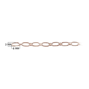 Rose Gold Overlay slim elongated link chain handcrafted in India, sold per foot for wholesale jewelry making and lightweight chain designs.