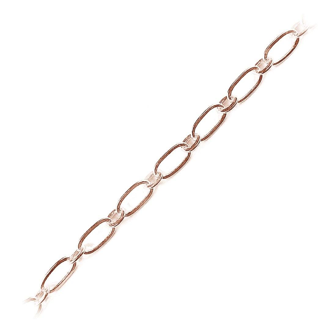 Rose Gold Overlay slim elongated link chain handcrafted in India, sold per foot for wholesale jewelry making and lightweight chain designs.
