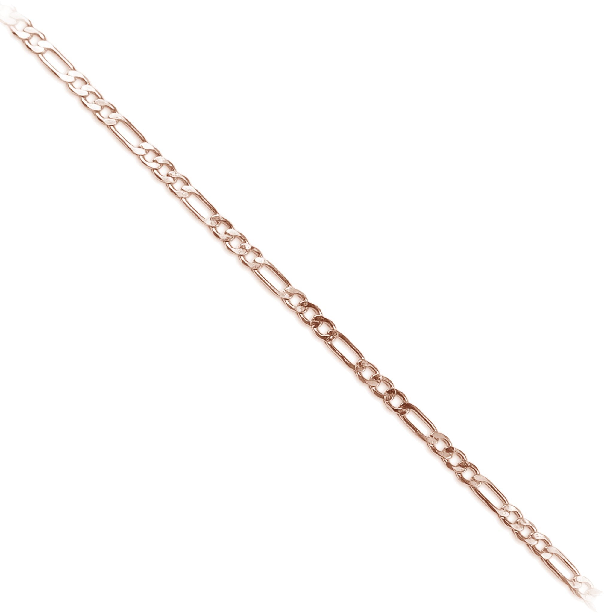 Rose gold overlay figaro beading chain with polished finish and elongated links displayed on white background for wholesale jewelry production use