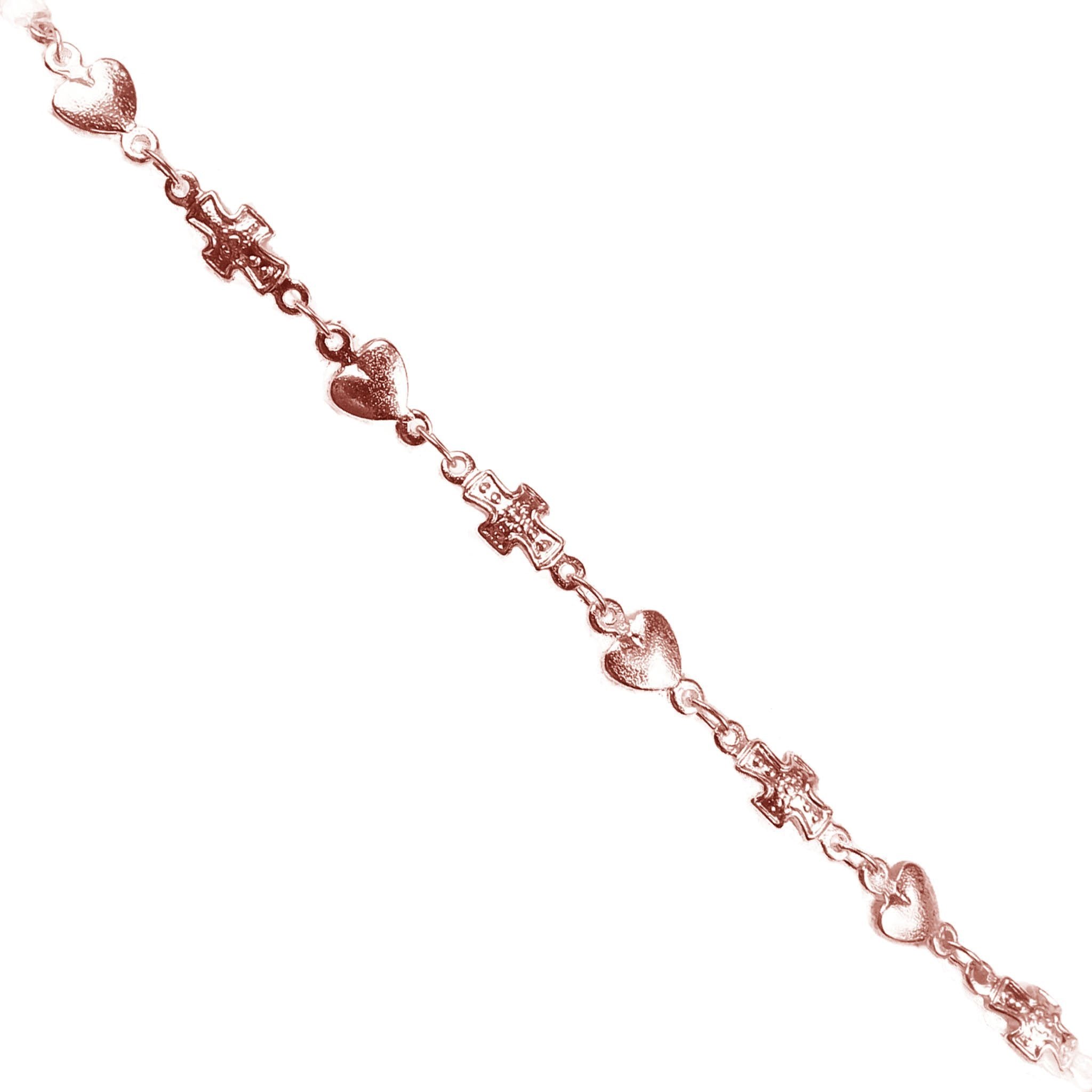 Rose gold overlay over copper heart and cross link chain with polished finish and decorative motifs displayed for wholesale jewelry manufacturing use