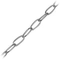 Silver overlay over copper elongated link chain with polished finish and smooth extended oval links displayed for wholesale jewelry manufacturing use