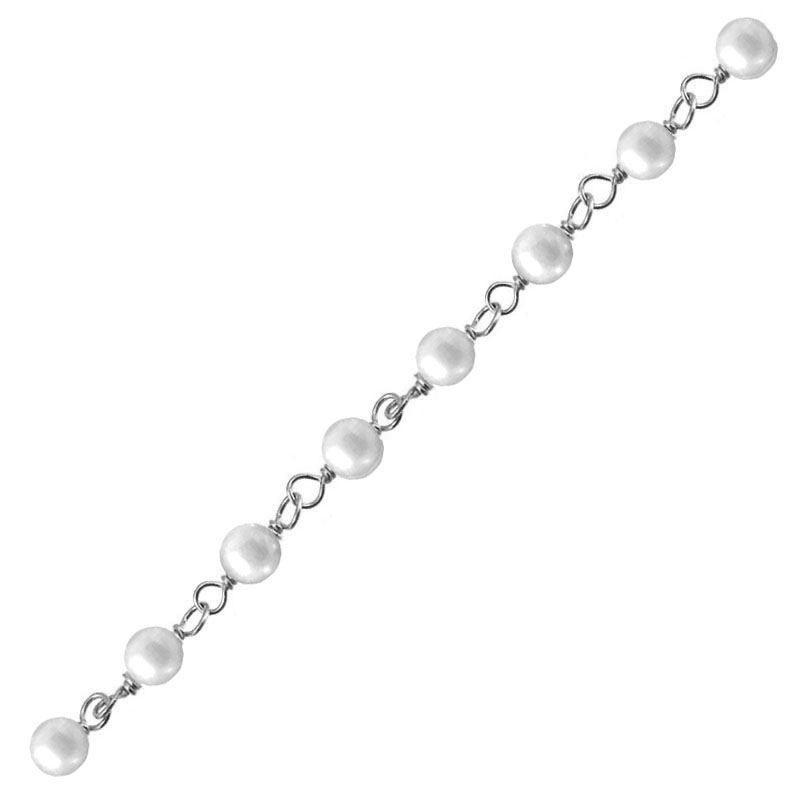 Silver overlay over copper mabe pearl beading chain with polished finish and smooth round pearl beads displayed for wholesale jewelry manufacturing use