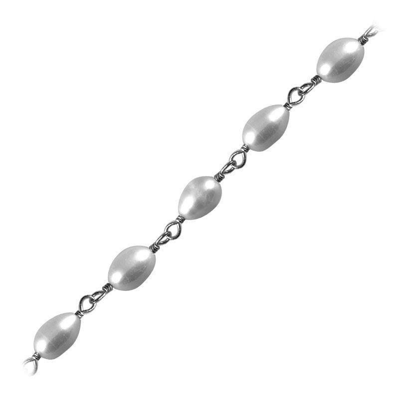 Silver overlay over copper mabe pearl beading and extender chain with polished finish and oval luminous pearl beads displayed for wholesale jewelry manufacturing use