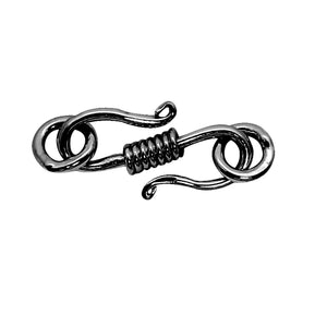 Black Rhodium Overlay Over Copper handcrafted twisted S Hook connector from India with coiled center and polished circular loops for jewelry manufacturing