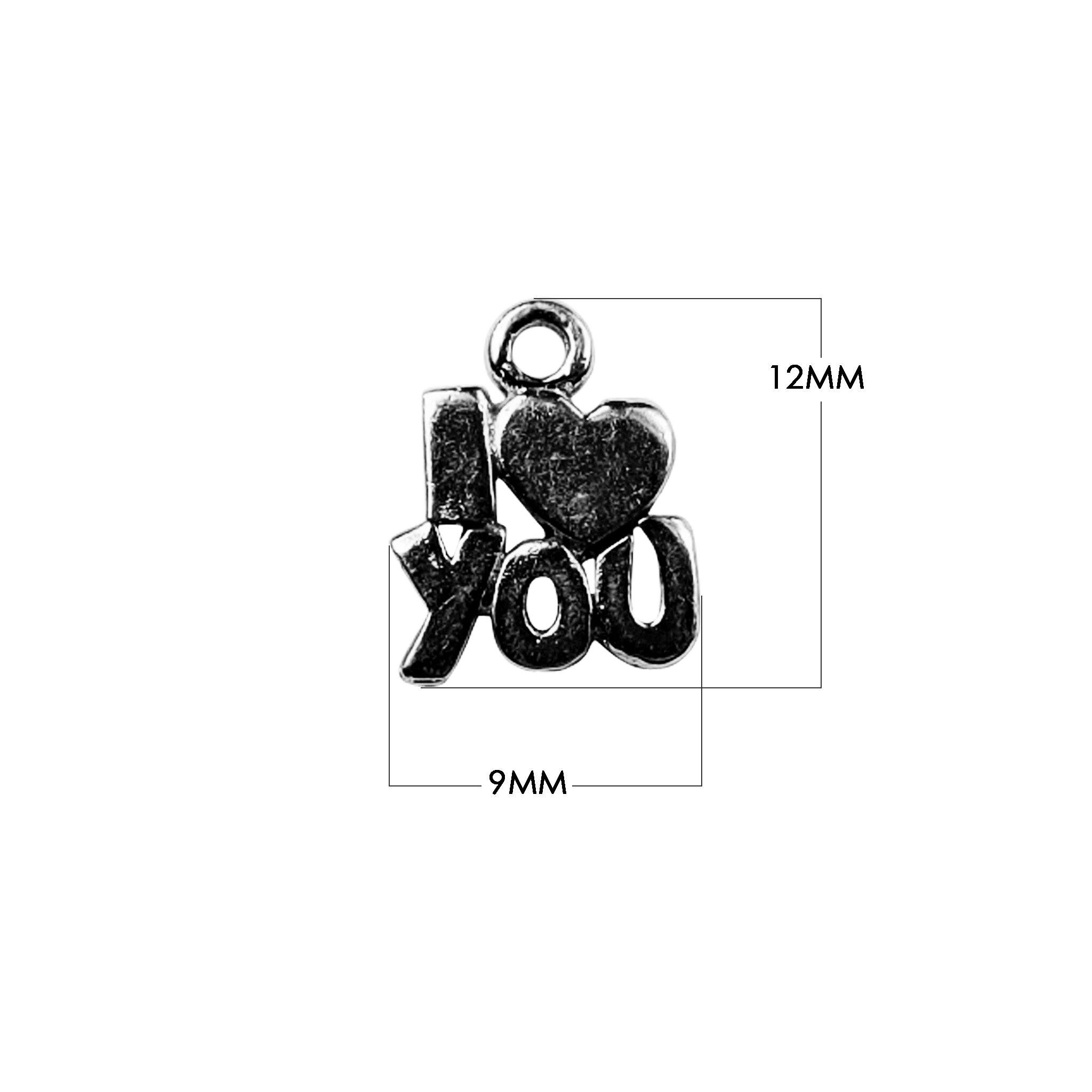 Wholesale black rhodium over copper I Love You heart charm, handcrafted sentiment jewelry finding for bulk jewelry making.