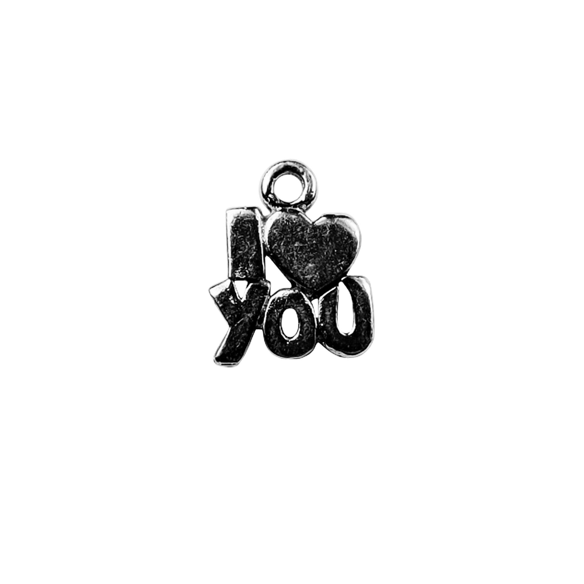 Wholesale black rhodium over copper I Love You heart charm, handcrafted sentiment jewelry finding for bulk jewelry making.