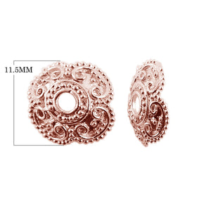 Rose Gold Overlay Over Copper bead cap featuring intricate floral scroll detailing, polished finish, and rounded domed shape for wholesale jewelry manufacturing use