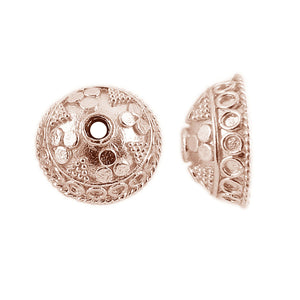 Rose Gold Overlay Over Copper bead cap with textured dome design, circular embossed detailing, polished finish, and structured shape for wholesale jewelry manufacturing use