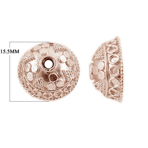 Rose Gold Overlay Over Copper bead cap with textured dome design, circular embossed detailing, polished finish, and structured shape for wholesale jewelry manufacturing use