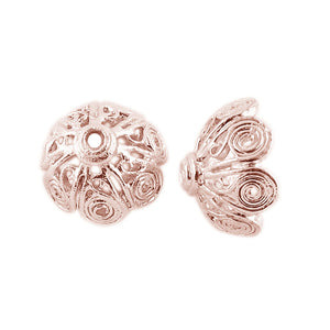 Rose Gold Overlay Over Copper bead cap with spiral floral design, openwork detailing, polished finish, and structured dome shape for wholesale jewelry manufacturing use