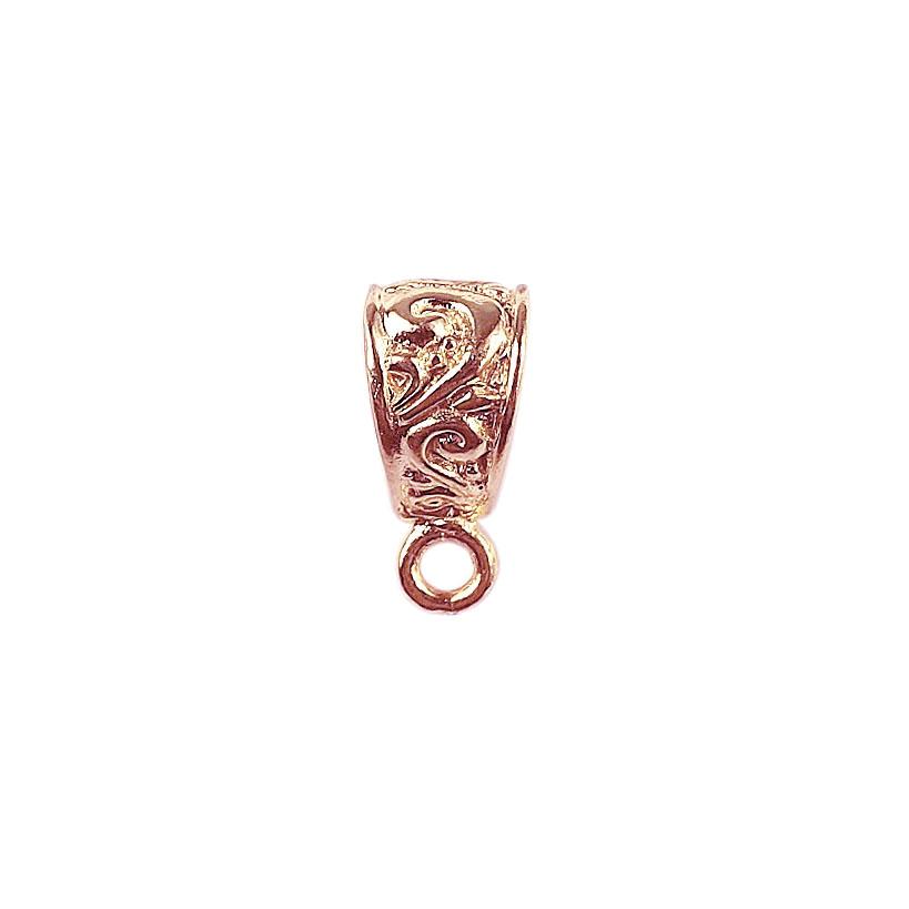 Scroll engraved rose gold overlay over copper pendant bail handcrafted in India