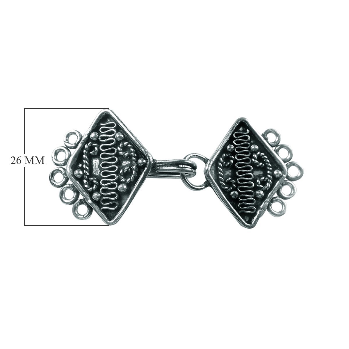 Silver Overlay over Copper multi strand clasp with 5 holes handcrafted in India featuring diamond Bali design and oxidized finish.