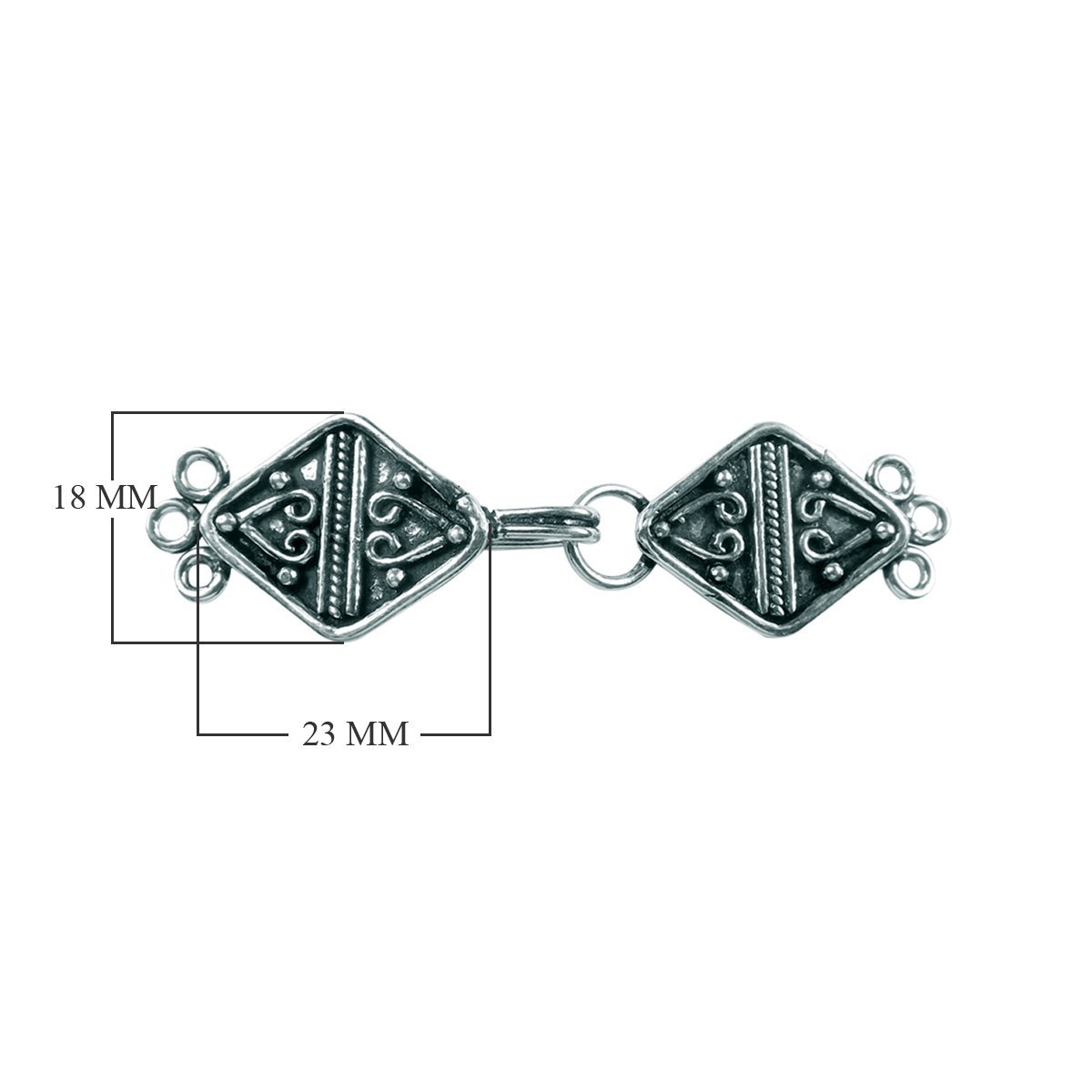 Silver Overlay over Copper multi strand clasp with 3 holes handcrafted in India featuring diamond scroll Bali design and oxidized finish.