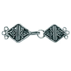 Silver Overlay over Copper multi strand clasp with 3 holes handcrafted in India featuring diamond scroll Bali design and oxidized finish.