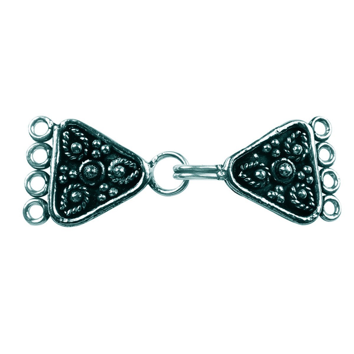 Silver Overlay over Copper triangular multi strand clasp with 4 holes handcrafted in India featuring floral Bali design and oxidized finish.