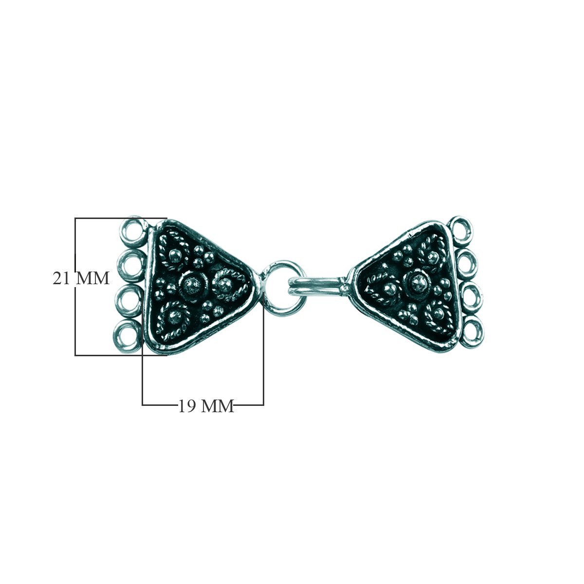 Silver Overlay over Copper triangular multi strand clasp with 4 holes handcrafted in India featuring floral Bali design and oxidized finish.