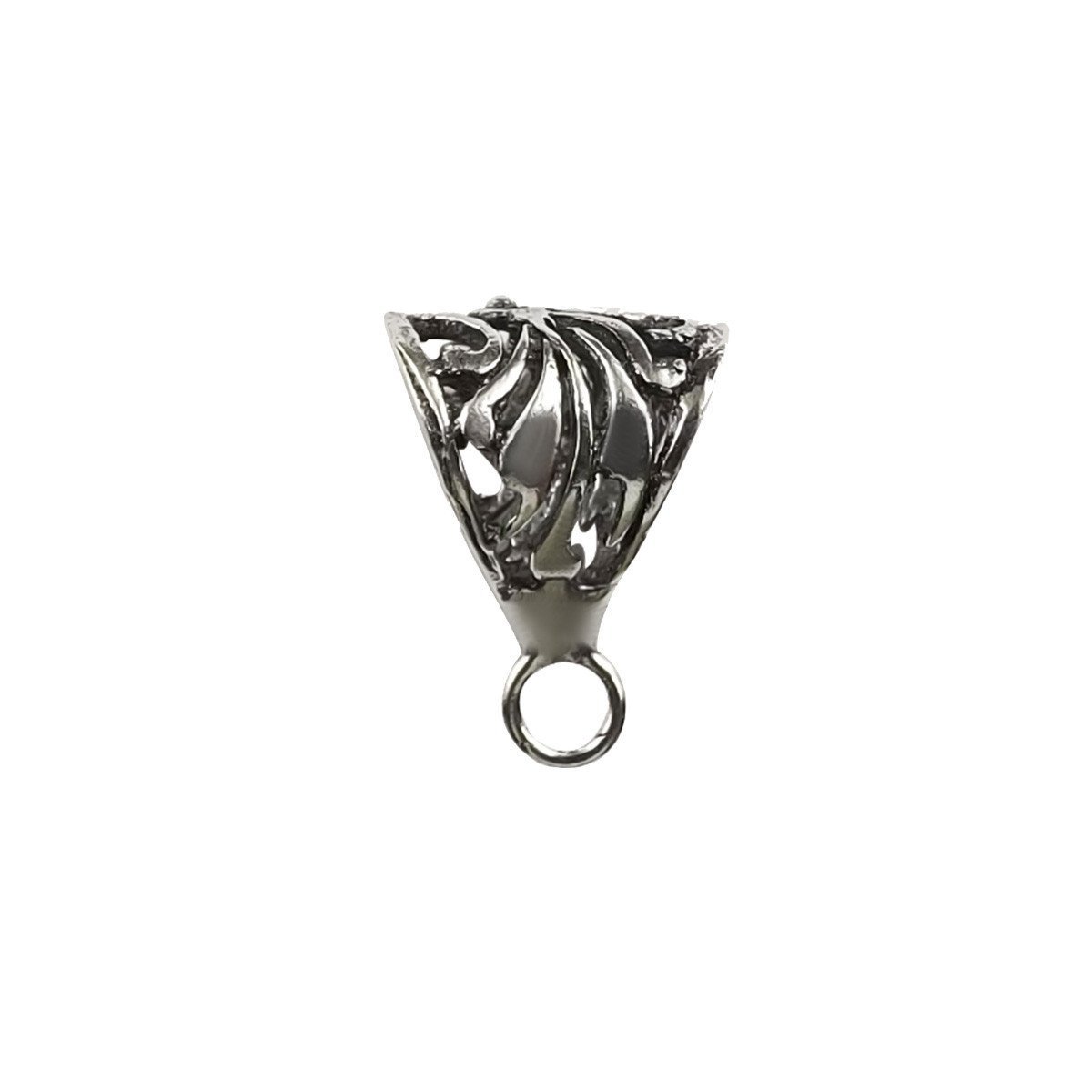 Handcrafted Silver Overlay Over Copper triangular pendant bail with ornate openwork design and antique finish, made in India.