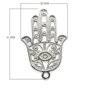 Handcrafted Silver Overlay Hands of Fatima pendant in Silver Overlay Over Copper with openwork Hamsa design and central eye, made in India.