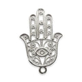 Handcrafted Silver Overlay Hands of Fatima pendant in Silver Overlay Over Copper with openwork Hamsa design and central eye, made in India.