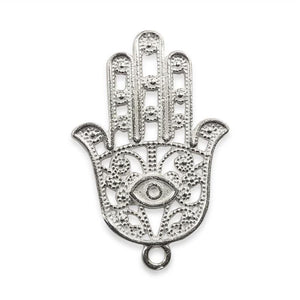 Handcrafted Silver Overlay Hands of Fatima pendant in Silver Overlay Over Copper with openwork Hamsa design and central eye, made in India.