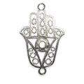 Handcrafted Silver Overlay Hands of Fatima openwork connector in Silver Overlay Over Copper with geometric detailing, made in India.
