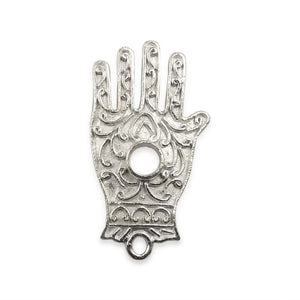 Handcrafted Silver Overlay Hands of Fatima pendant in Silver Overlay Over Copper with embossed scrollwork and central round setting, made in India.