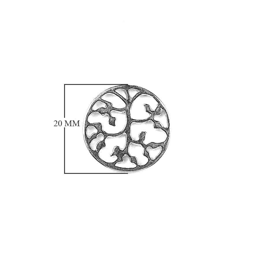 Handcrafted Silver Overlay Over Copper round Tree of Life charm with openwork design and antique finish, made in India.
