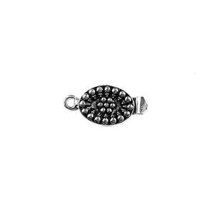 Silver Overlay Over Copper Oval Single Hole Multi Strand Clasp handcrafted in India with raised dotted cluster design and antique oxidized finish for wholesale jewelry supply.