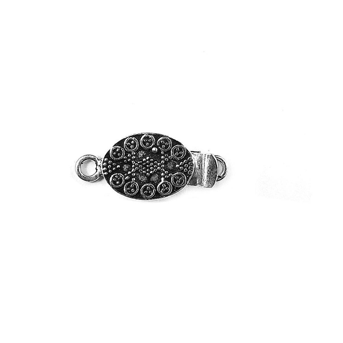 Silver Overlay Over Copper Oval Single Hole Multi Strand Clasp handcrafted in India with floral embossed detailing and antique oxidized finish for wholesale jewelry supply.