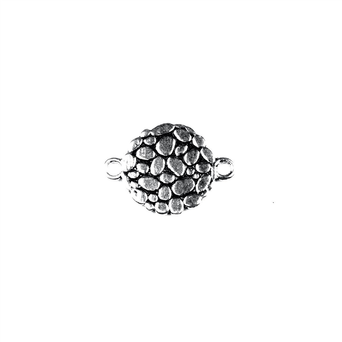 Silver Overlay Over Copper round pebble texture charm with double ring handcrafted in India with antique oxidized finish for wholesale jewelry supply.