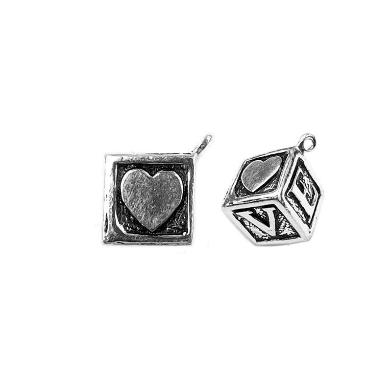 Handcrafted Silver Overlay Over Copper heart cube charm pendant with oxidized finish made in India.