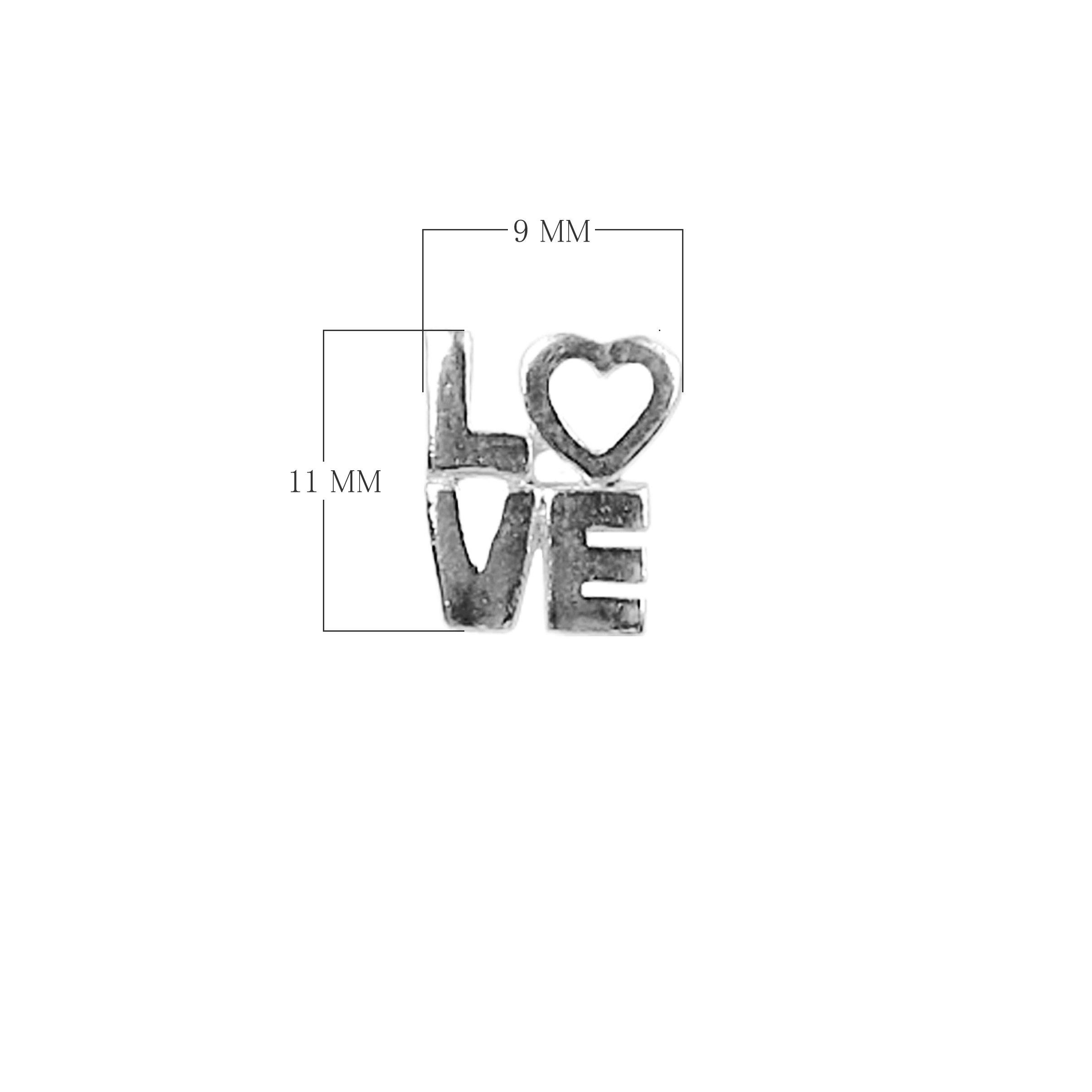 Handcrafted Silver Overlay Over Copper LOVE charm with heart cutout and antique finish made in India.