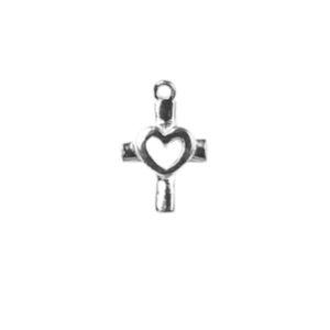 Handcrafted silver overlay cross charm with cutout heart made of silver overlay over copper in India.