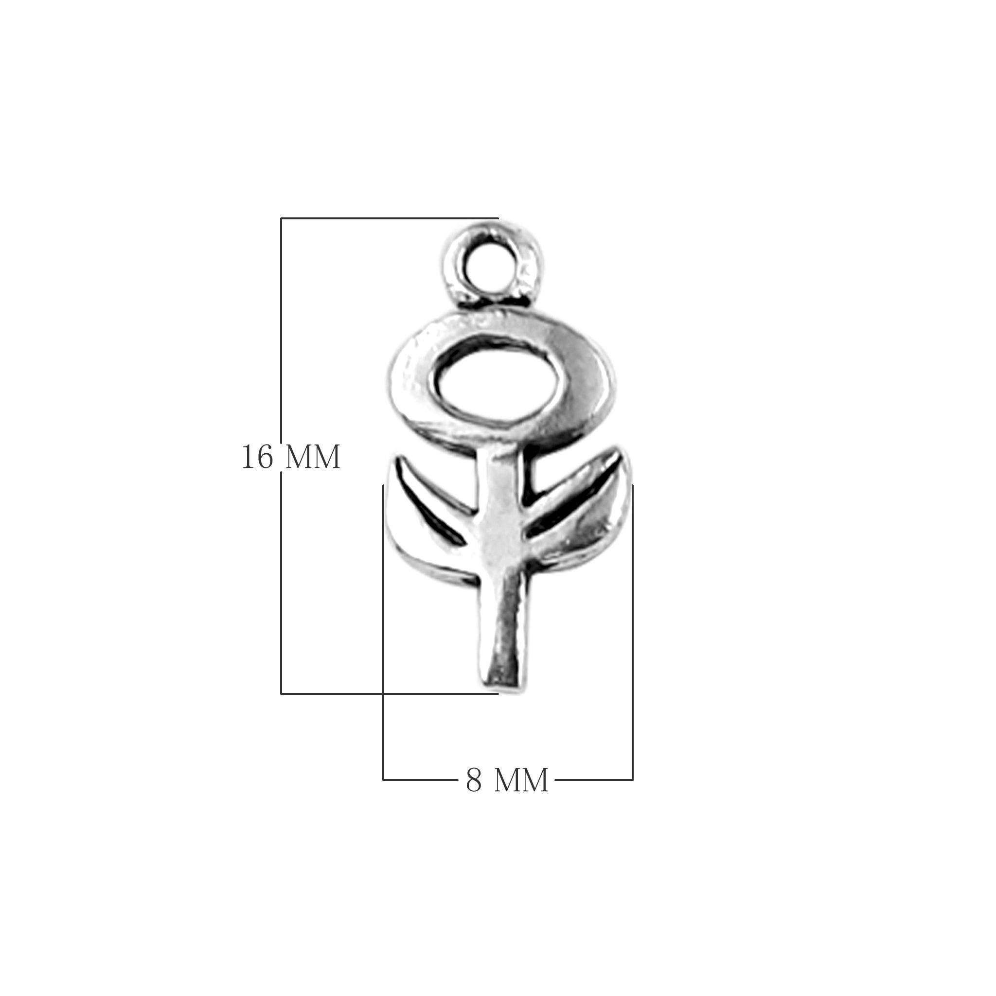 Handcrafted silver overlay abstract symbol charm made of silver overlay over copper with circular top and leaf design in India.