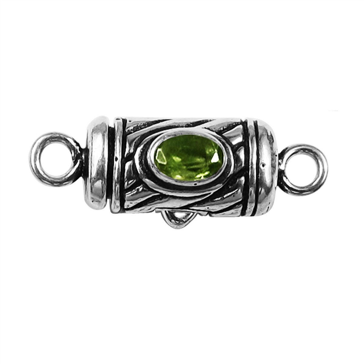 Handcrafted Silver Overlay Over Copper clasp with green oval stone and oxidized finish made in India.