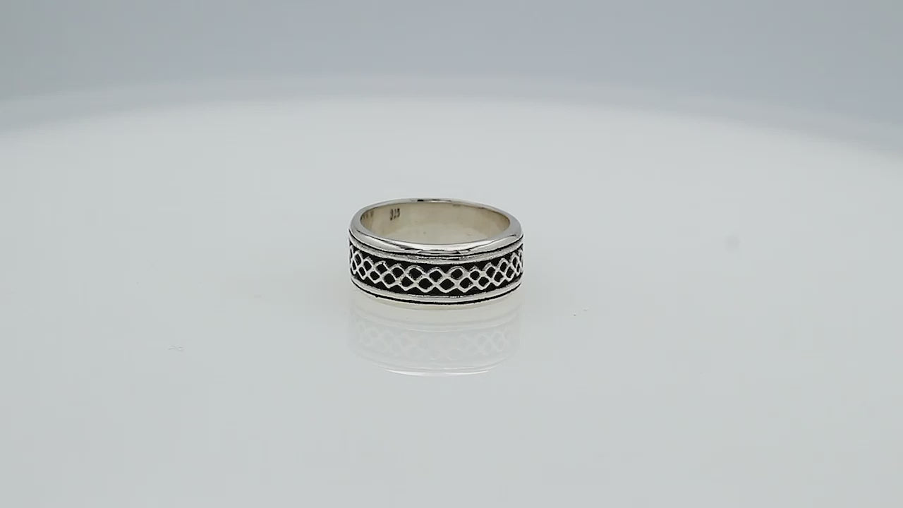 Wholesale sterling silver wide band ring with geometric lattice design, handcrafted in Bali with oxidized finish, bulk jewelry for retailers and suppliers.