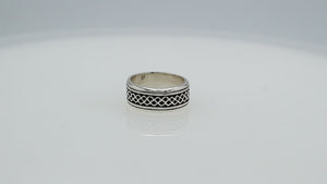 Wholesale sterling silver wide band ring with geometric lattice design, handcrafted in Bali with oxidized finish, bulk jewelry for retailers and suppliers.