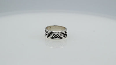 Wholesale sterling silver wide band ring with geometric lattice design, handcrafted in Bali with oxidized finish, bulk jewelry for retailers and suppliers.
