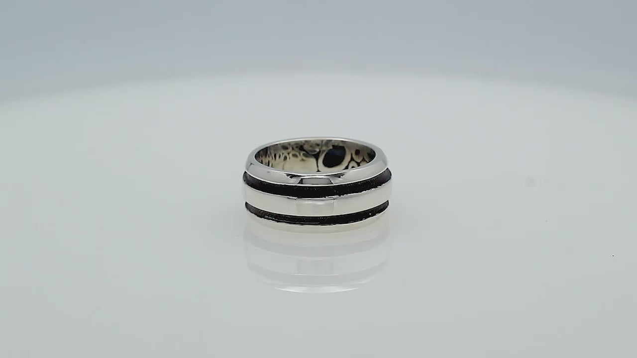 Wholesale sterling silver wide band ring with double black oxidized stripes – unisex artisan wholesale jewelry.