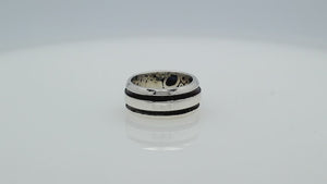Wholesale sterling silver wide band ring with double black oxidized stripes – unisex artisan wholesale jewelry.