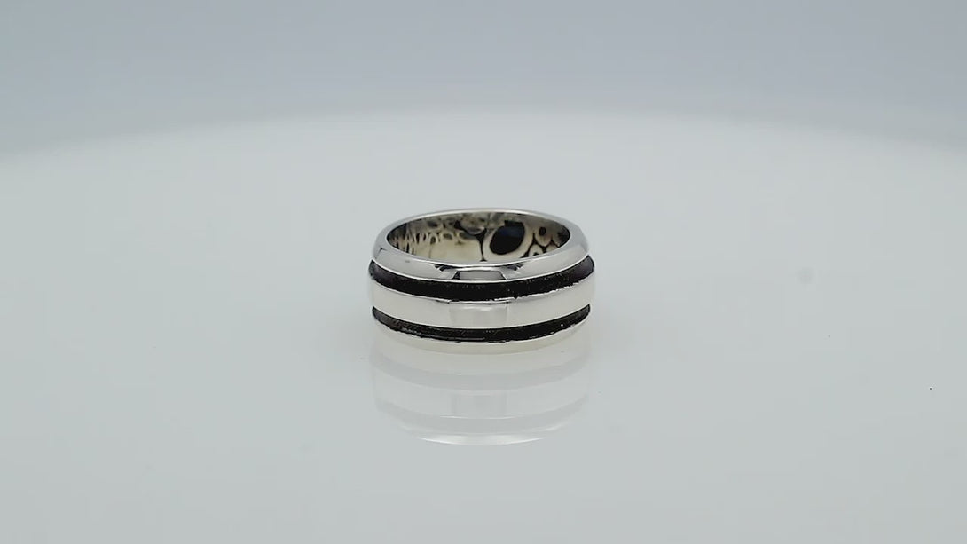 Wholesale sterling silver wide band ring with double black oxidized stripes – unisex artisan wholesale jewelry.